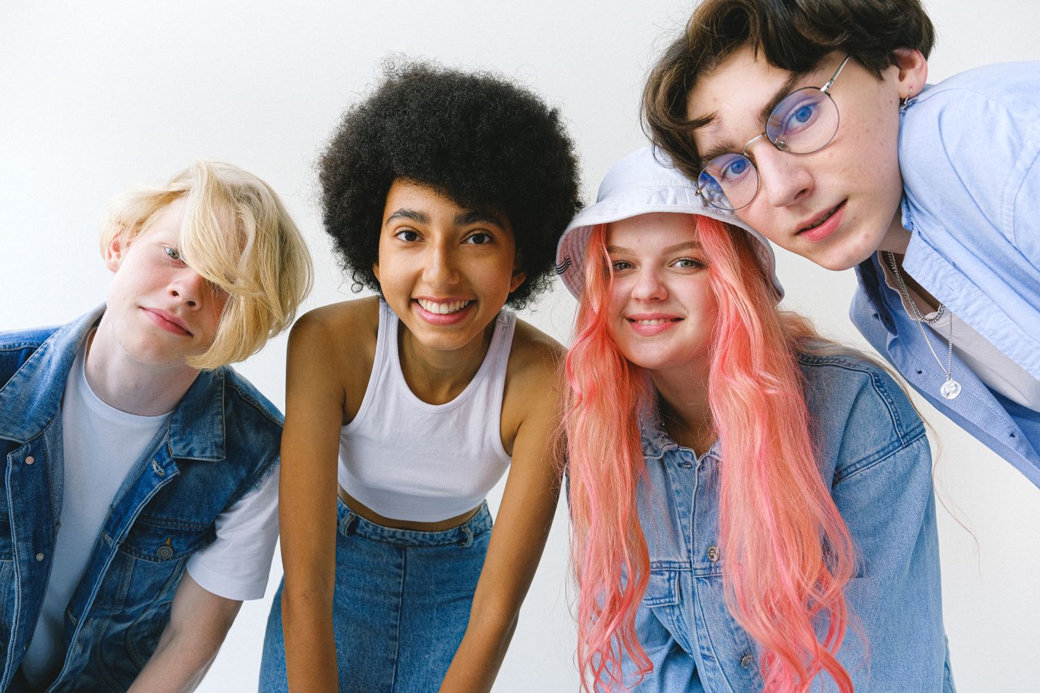 Young friends smiling together, illustrative stock photograph